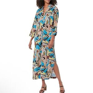 TEREA Andrea Pitter Enamel Blue Crane Print Shirt Collar Maxi Dress, Sz XL. NWT!